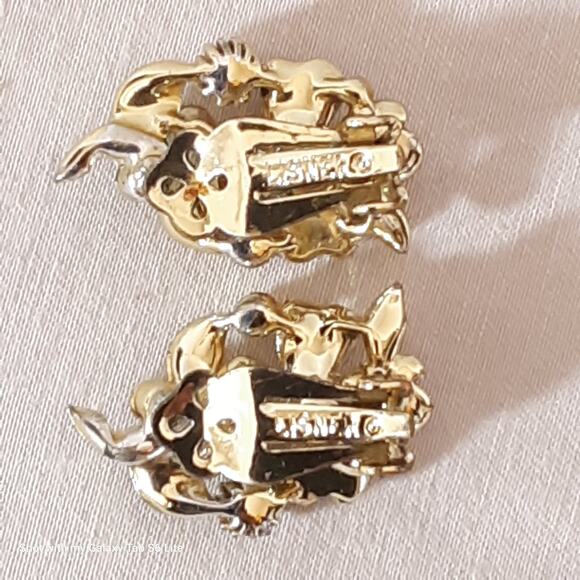 Lisner Earrings Gold Tone Pearly Beads & Rhinestone Flowers Clip Ons - Picture 10 of 11